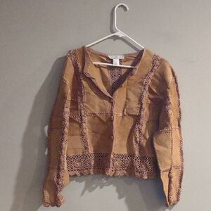 S.M.H. Brown Crochet‎ Trim Leather Patch Button Up Crop Jacket Women's Small